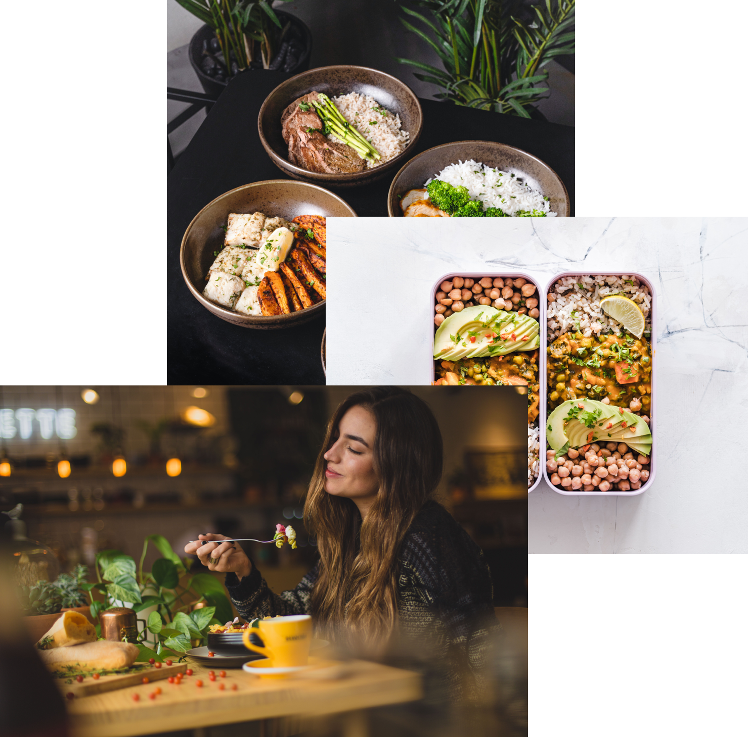 Woman  enjoying food, meals in storage container and food bowls on a table